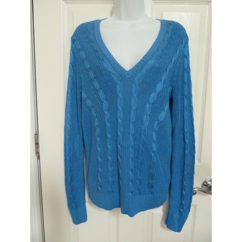 Lauren Ralph Lauren Blue V-Neck Cable Knit Sweater Fisherman Preppy Sz M 8/10